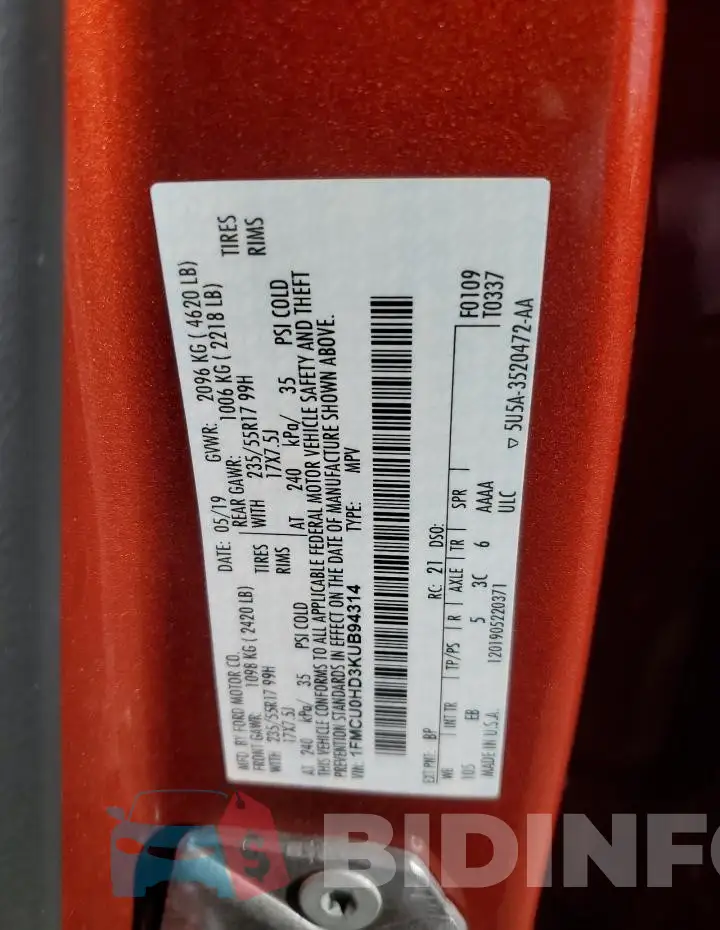 1FMCU0HD3KUB94314 Photo# 14
