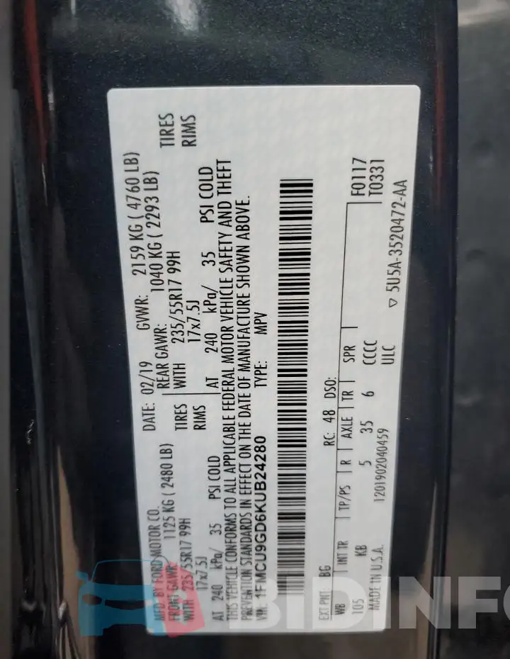 1FMCU9GD6KUB24280 Photo# 14
