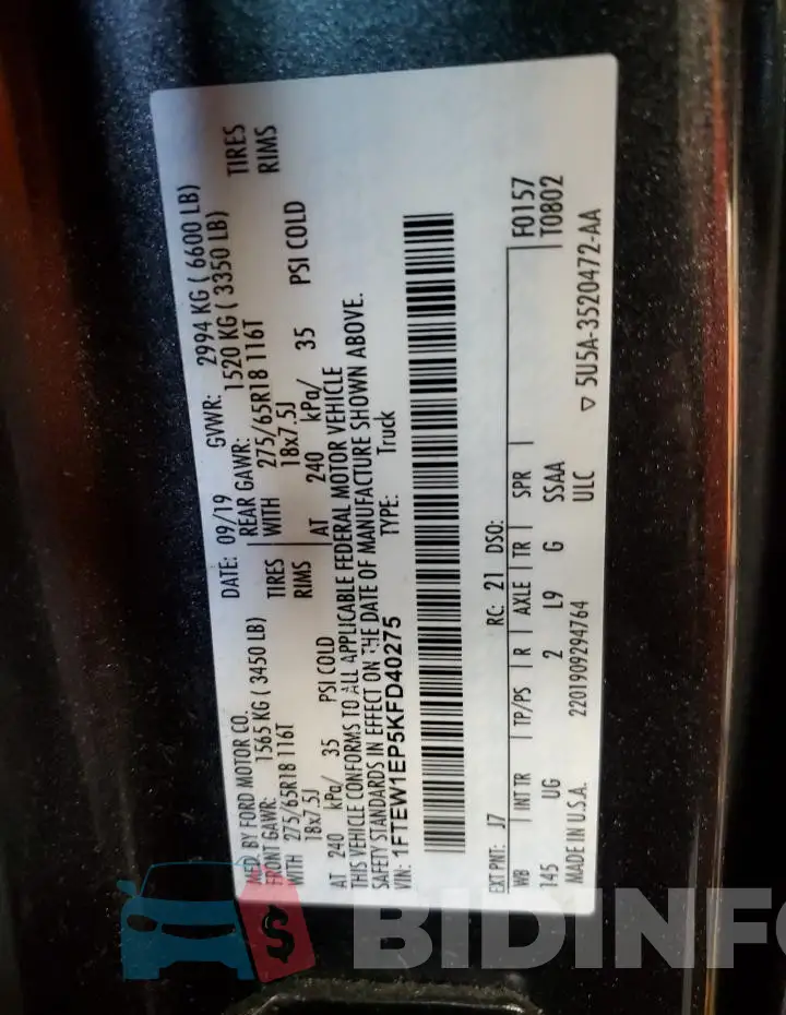 1FTEW1EP5KFD40275 Photo# 14