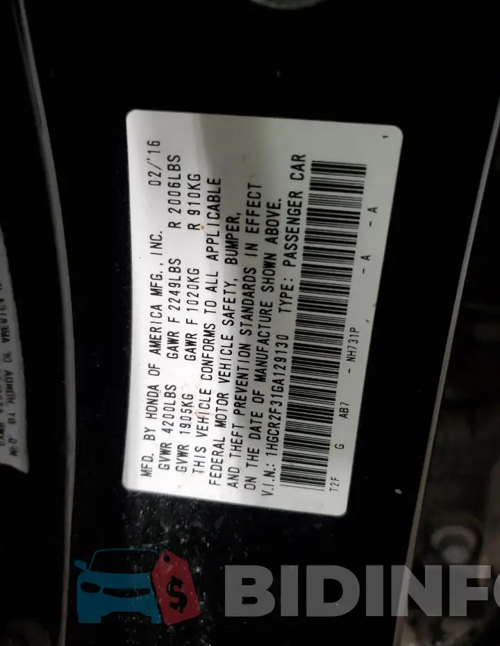 1HGCR2F31GA129130 Photo# 12