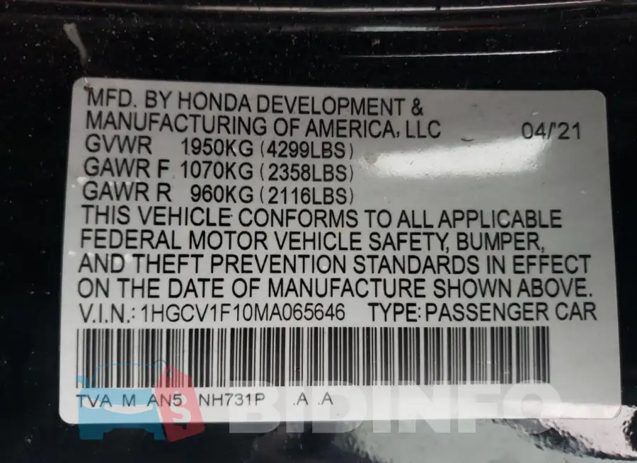 1HGCV1F10MA065646 Photo# 12