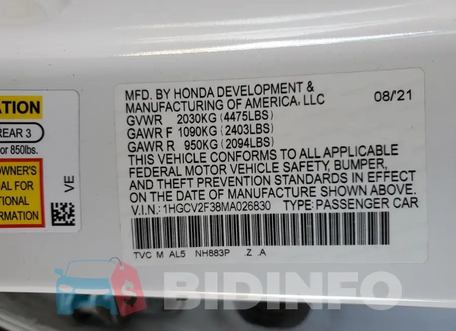 1HGCV2F38MA026830 Photo# 12