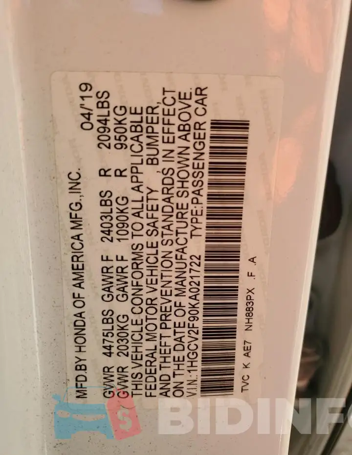 1HGCV2F90KA021722 Photo# 12