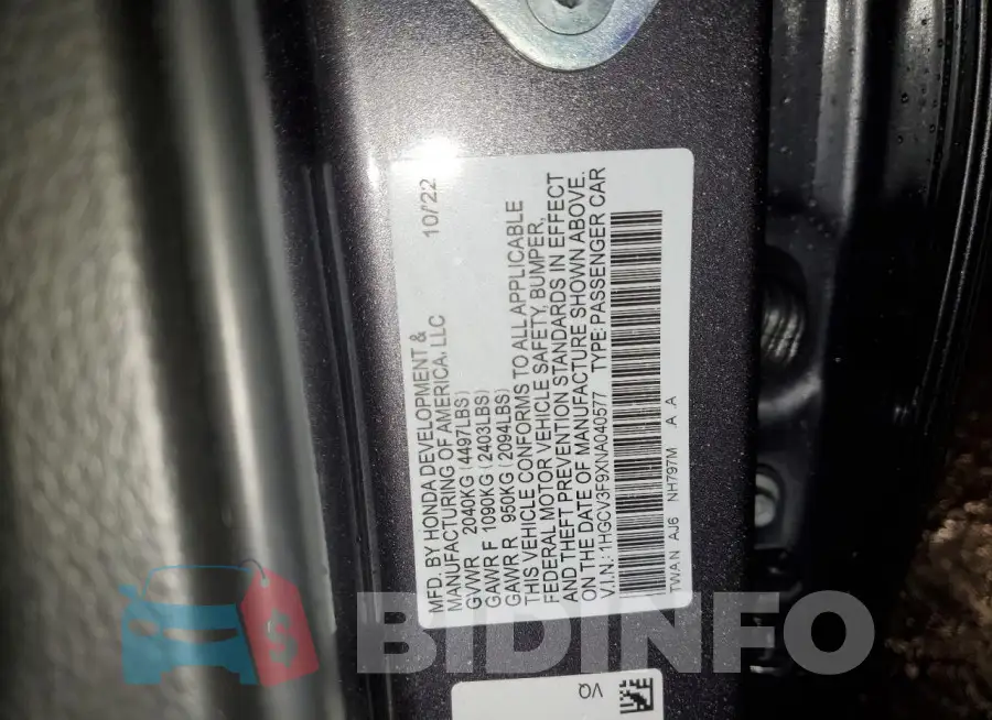 1HGCV3F9XNA040577 Photo# 12