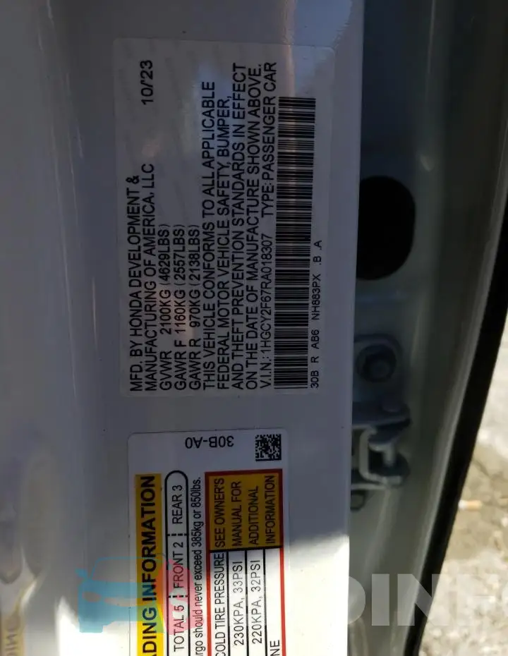 1HGCY2F67RA018307 Photo# 12