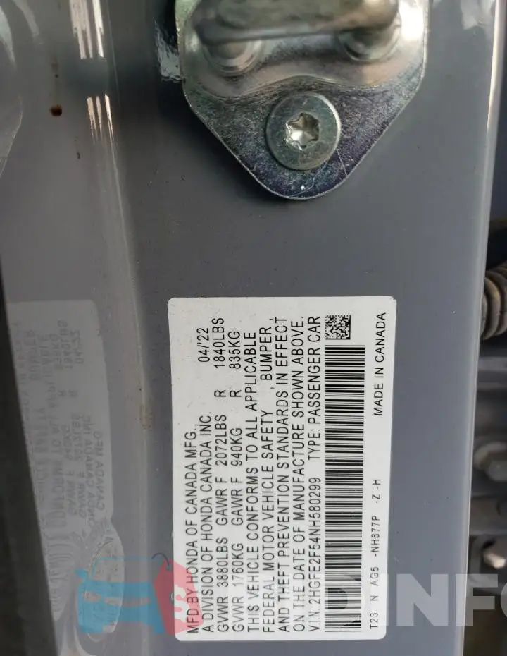2HGFE2F54NH580299 Photo# 12