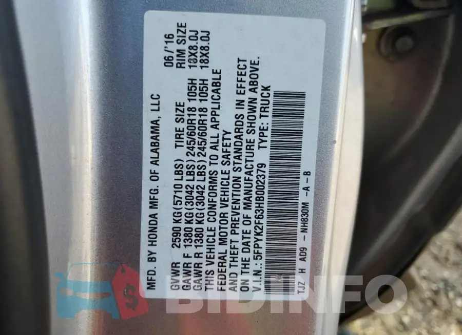 5FPYK2F63HB002379 Photo# 12
