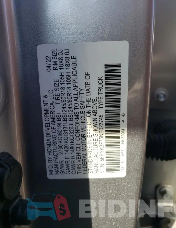 5FPYK3F75NB023745 Photo# 12