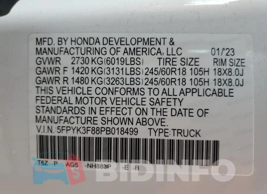 5FPYK3F88PB018499 Photo# 13