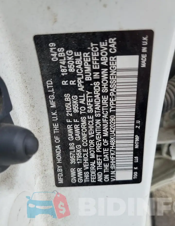 SHHFK7H48KU420290 Photo# 12