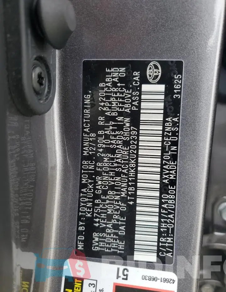 4T1B11HK8KU202397 Photo# 13