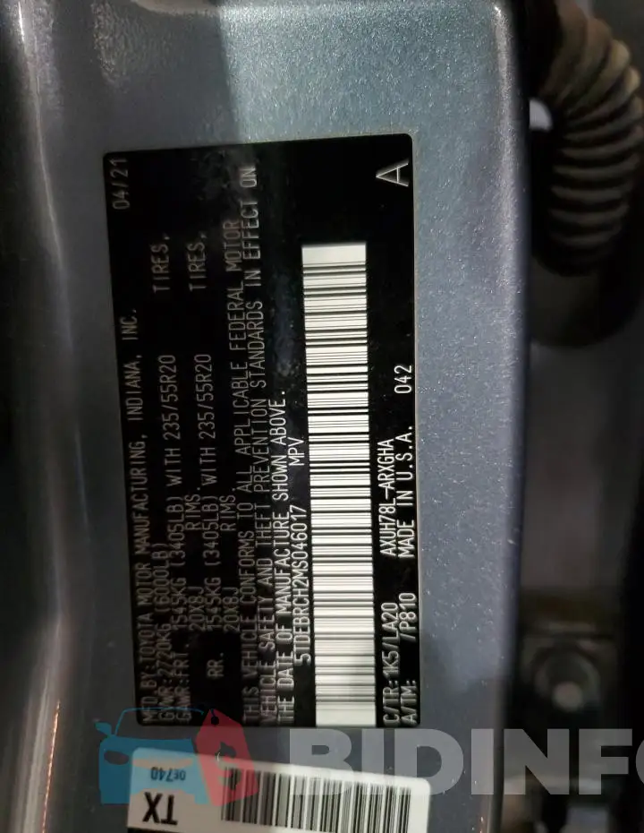 5TDEBRCH2MS046017 Photo# 14