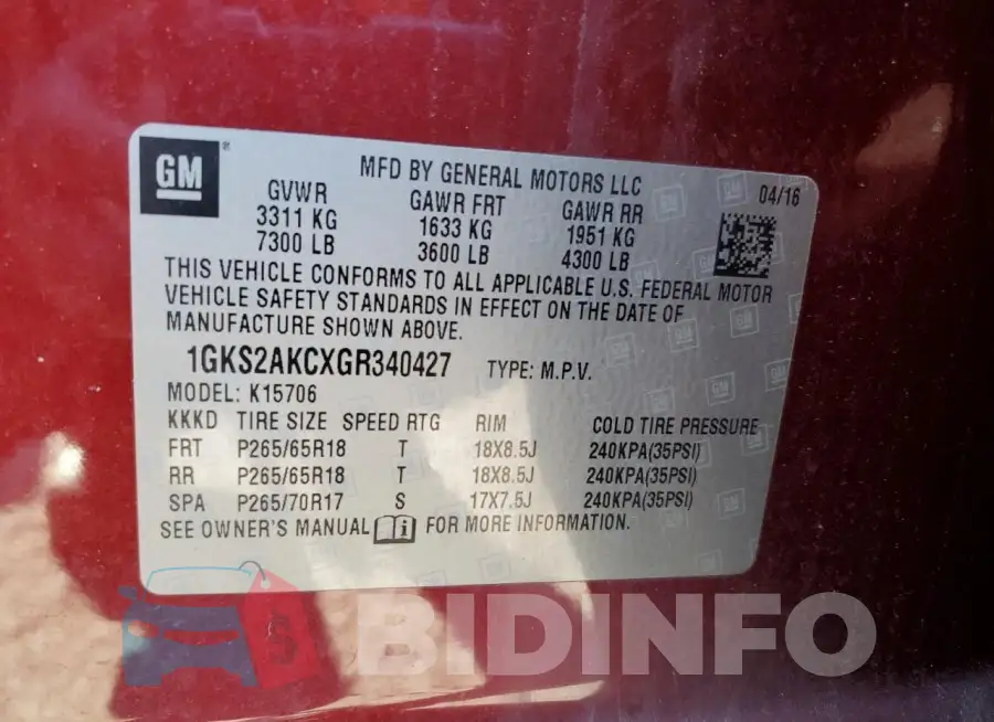 1GKS2AKCXGR340427 Photo# 13
