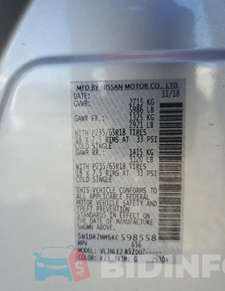 5N1DR2MM6KC598558 Photo# 12