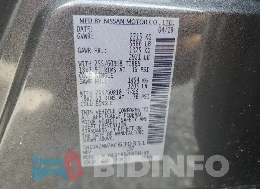 5N1DR2MN2KC630351 Photo# 13