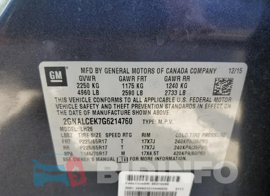 2GNALCEK7G6214760 Photo# 13