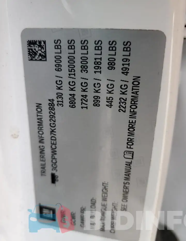 3GCPWCED7KG292884 Photo# 12