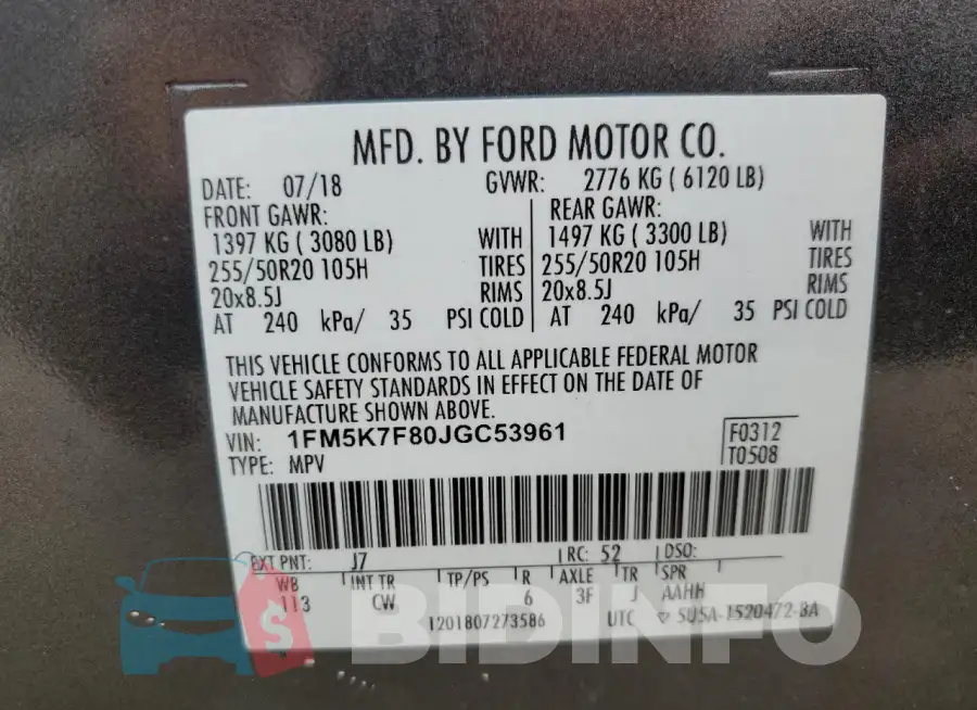 1FM5K7F80JGC53961 Photo# 14