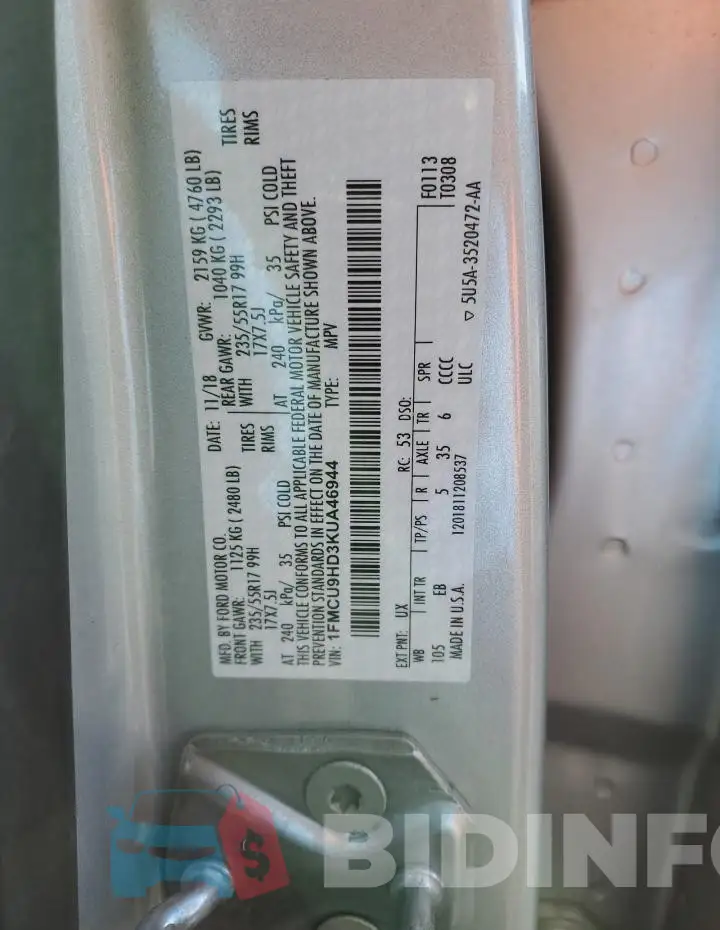1FMCU9HD3KUA46944 Photo# 14