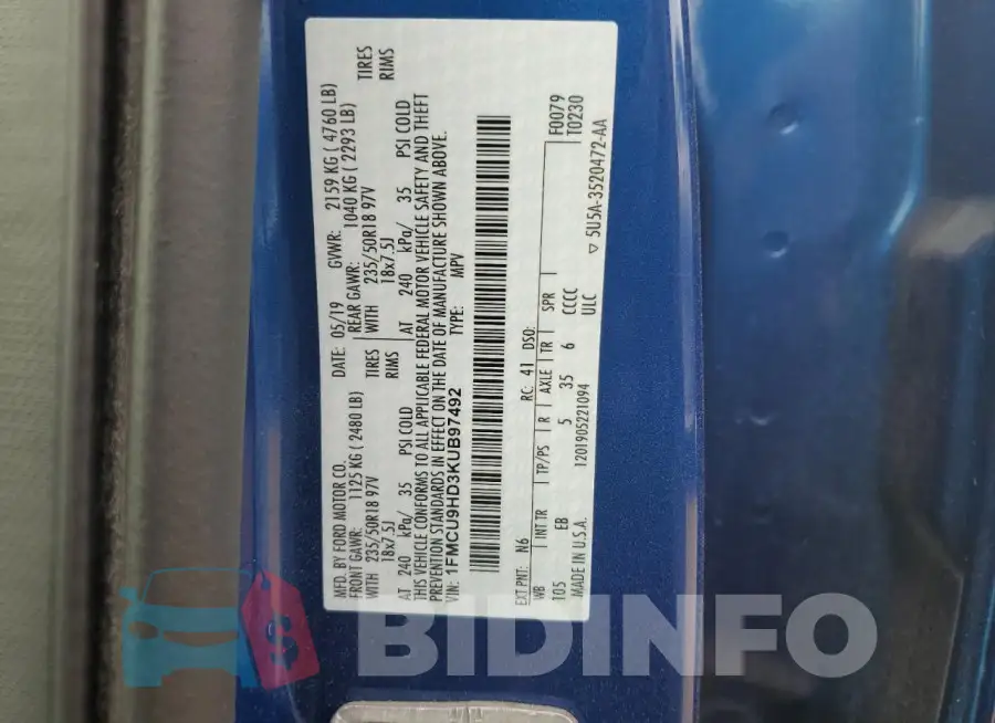 1FMCU9HD3KUB97492 Photo# 12