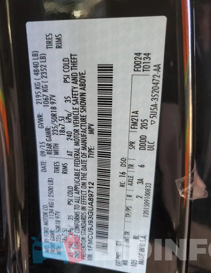 1FMCU9J93GUA89712 Photo# 13