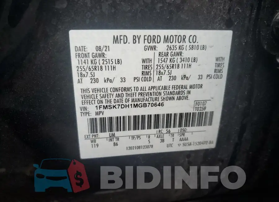 1FMSK7DH1MGB70646 Photo# 14