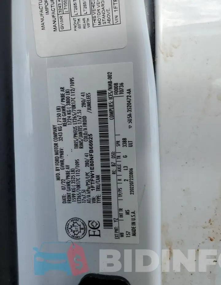 1FTFW1E80NFB66925 Photo# 12