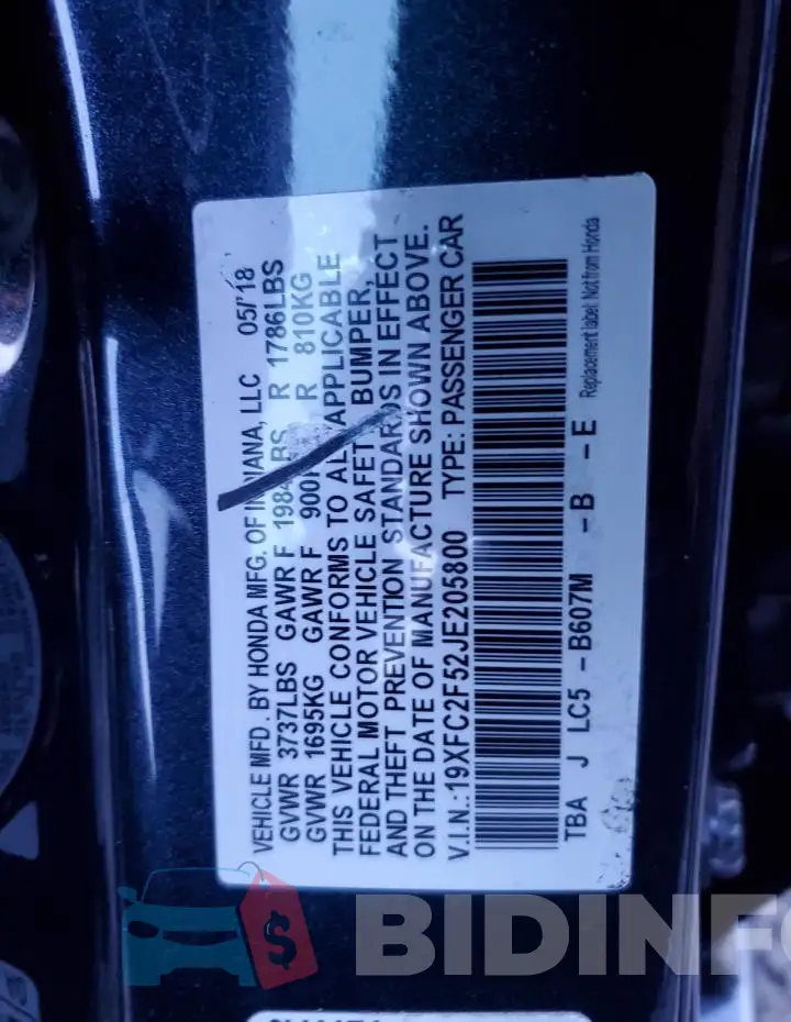 19XFC2F52JE205800 Photo# 13