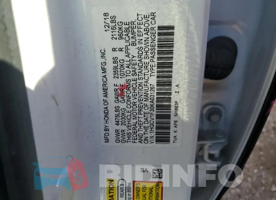 1HGCV1F30KA031267 Photo# 12