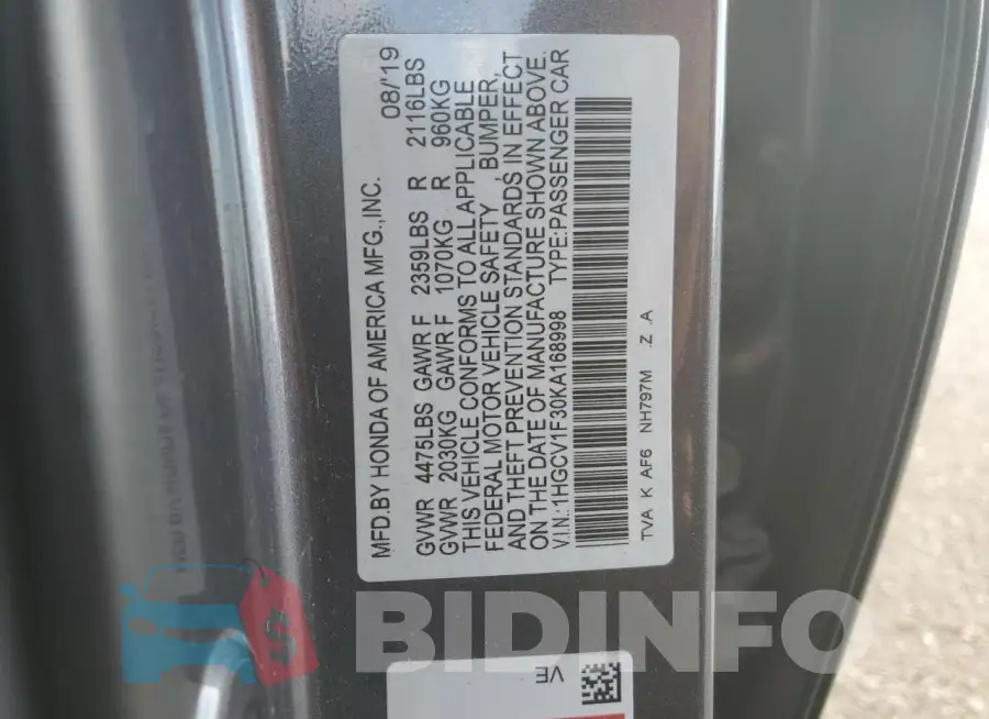 1HGCV1F30KA168998 Photo# 13