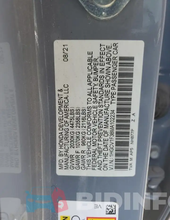 1HGCV1F38MA102234 Photo# 12