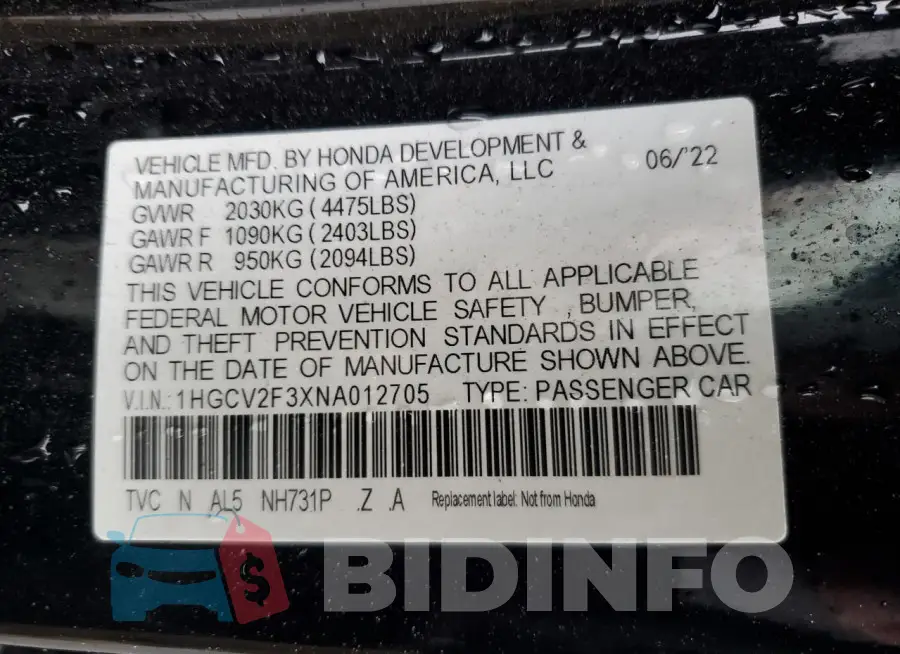 1HGCV2F3XNA012705 Photo# 12