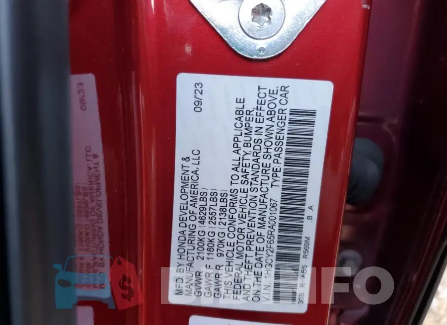 1HGCY2F65RA001067 Photo# 12