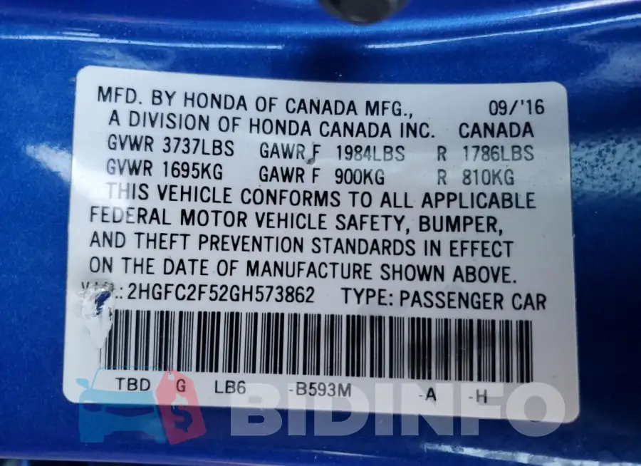 2HGFC2F52GH573862 Photo# 12