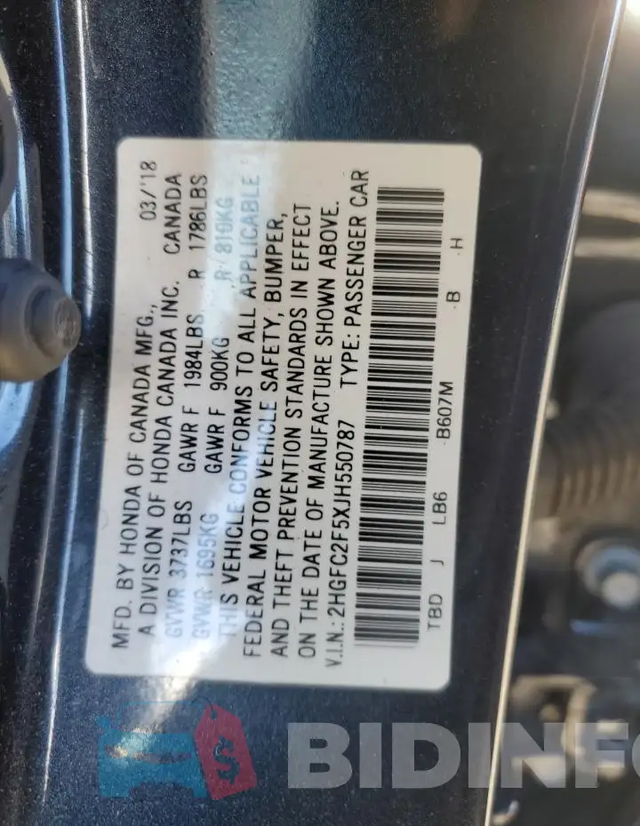 2HGFC2F5XJH550787 Photo# 13