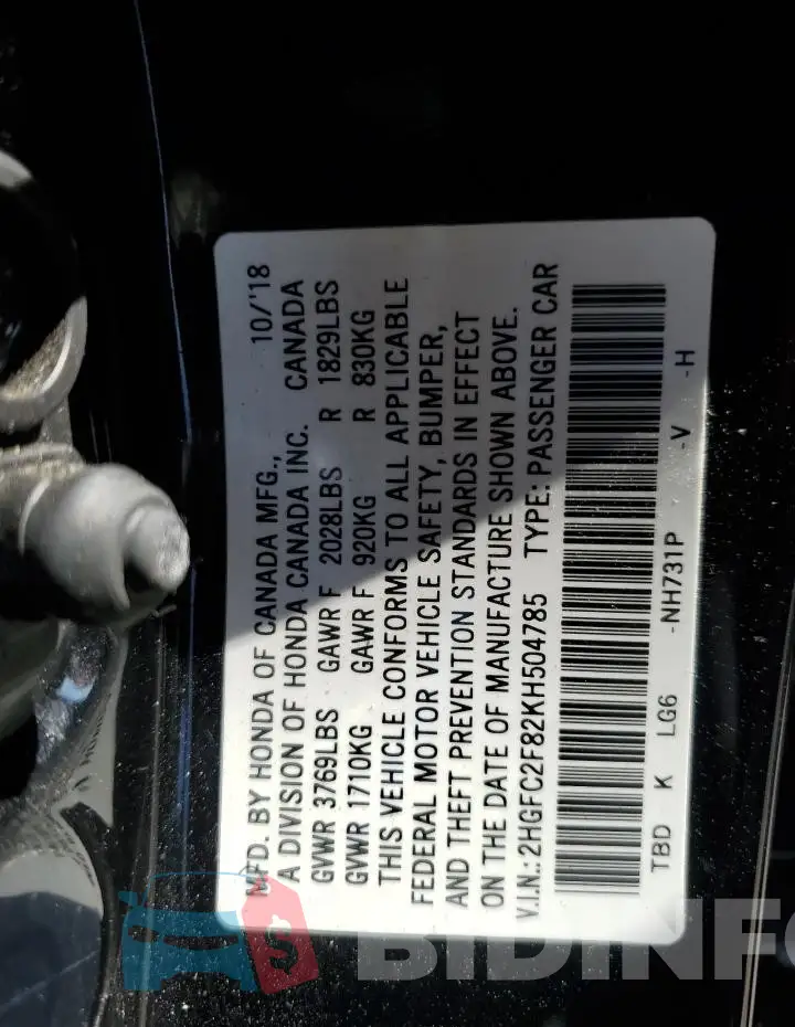 2HGFC2F82KH504785 Photo# 12