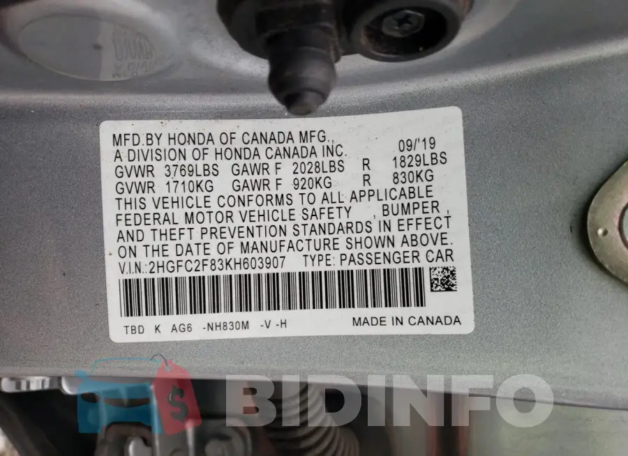 2HGFC2F83KH603907 Photo# 12