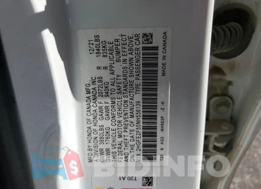 2HGFE2F55NH556139 Photo# 12