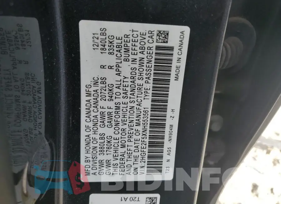 2HGFE2F5XNH553561 Photo# 12
