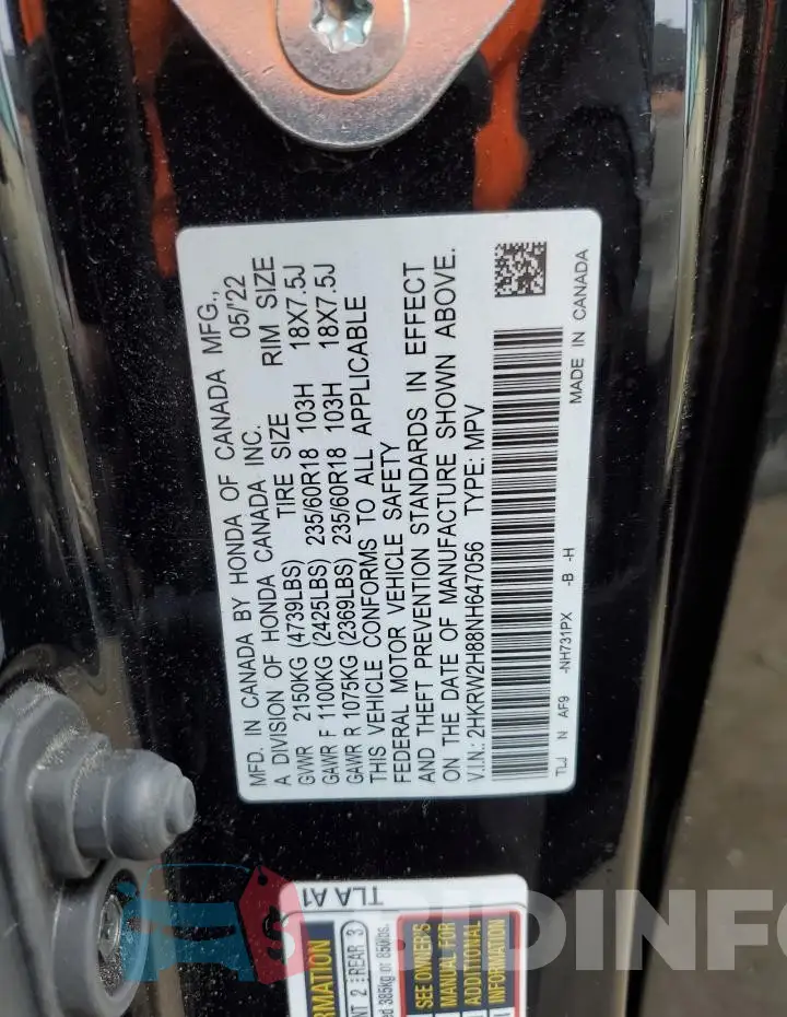 2HKRW2H88NH647056 Photo# 14