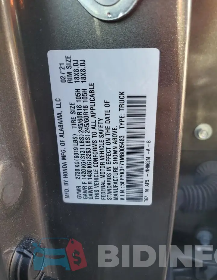 5FPYK3F71MB005483 Photo# 12