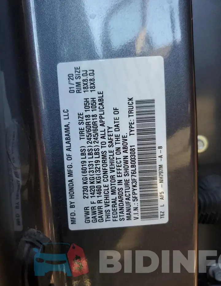 5FPYK3F76LB003081 Photo# 12
