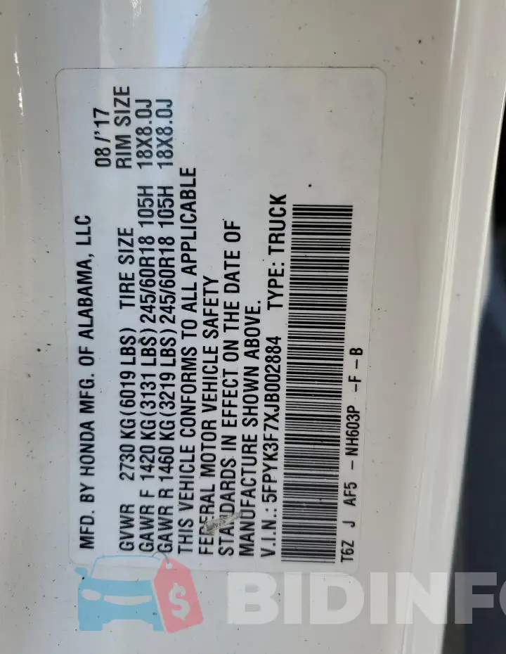 5FPYK3F7XJB002884 Photo# 12