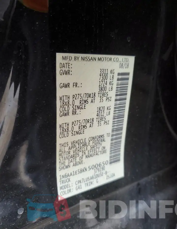 1N6AA1E58KN500650 Photo# 12