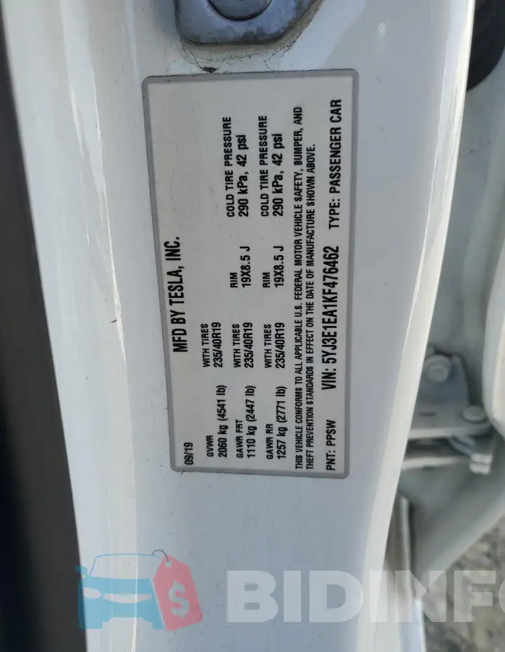 5YJ3E1EA1KF476462 Photo# 12