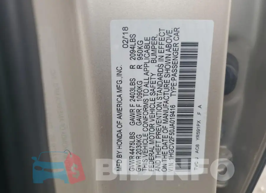 1HGCV2F50JA019416 Photo# 12