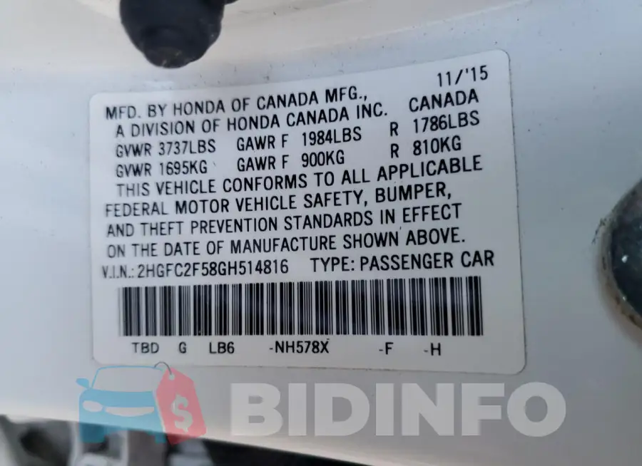 2HGFC2F58GH514816 Photo# 12