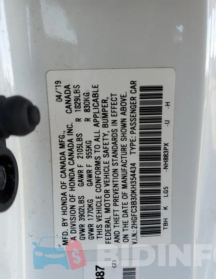 2HGFC3B30KH354434 Photo# 12