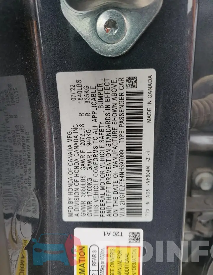 2HGFE2F54NH597099 Photo# 13