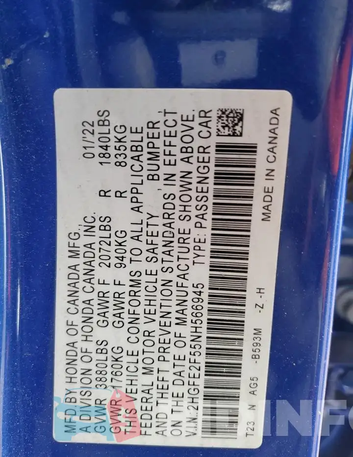 2HGFE2F55NH566945 Photo# 12